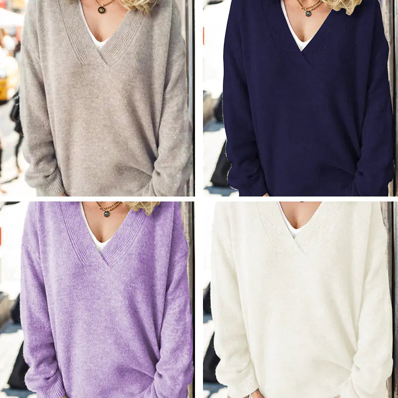Women's V-Neck Knit Sweater - Fall/Winter Long Sleeve