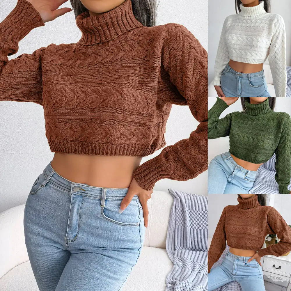 Women's Casual Long Sleeve High Neck Knit Sweater