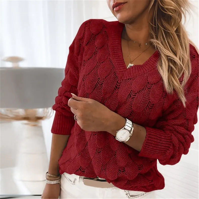 Knitted V-Neck Long-Sleeved Sweater for Fall/Winter